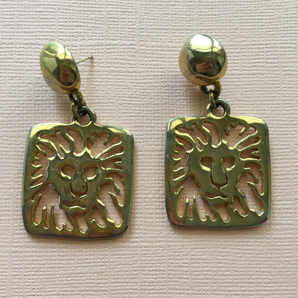 Vintage Lion Gold Square Earrings GUC